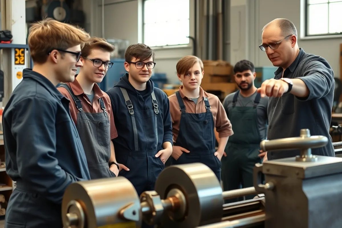 Young apprentices gathered around a lathe in a bright workshop