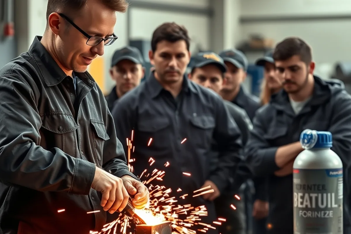An instructor demonstrating a metal cut to a group of trainees