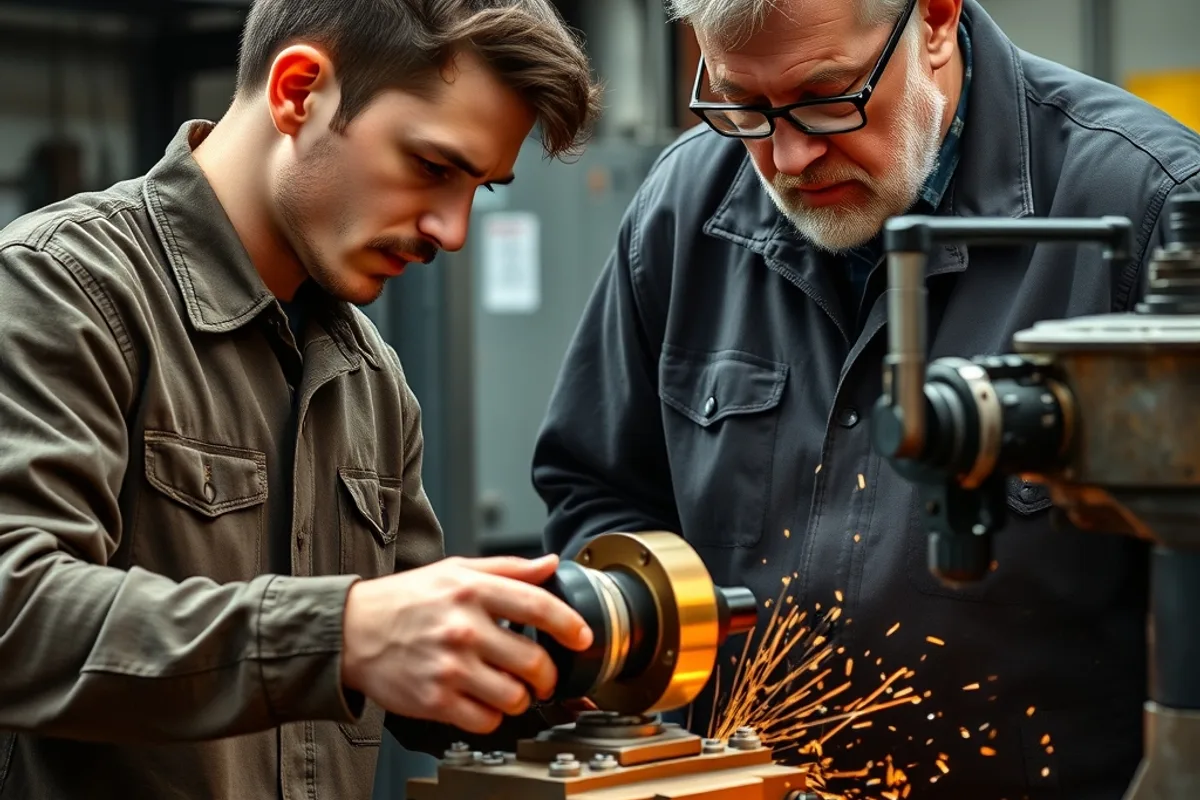 An apprentice machining a component while a mentor watches