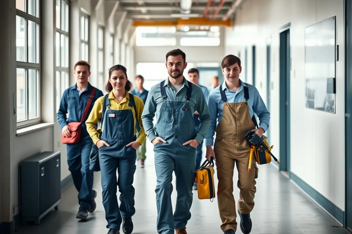 Apprentices in overalls walking through an industrial training centre