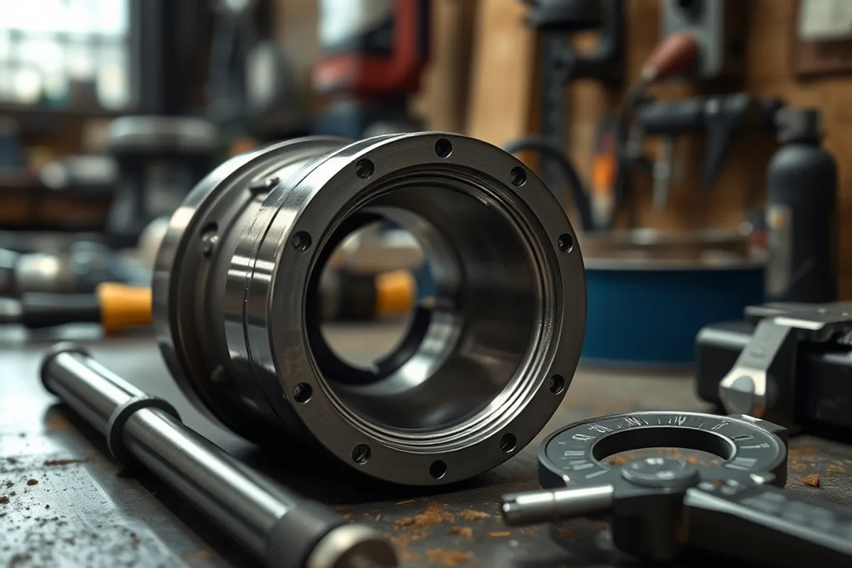 A finished metal component on a workbench beside hand tools