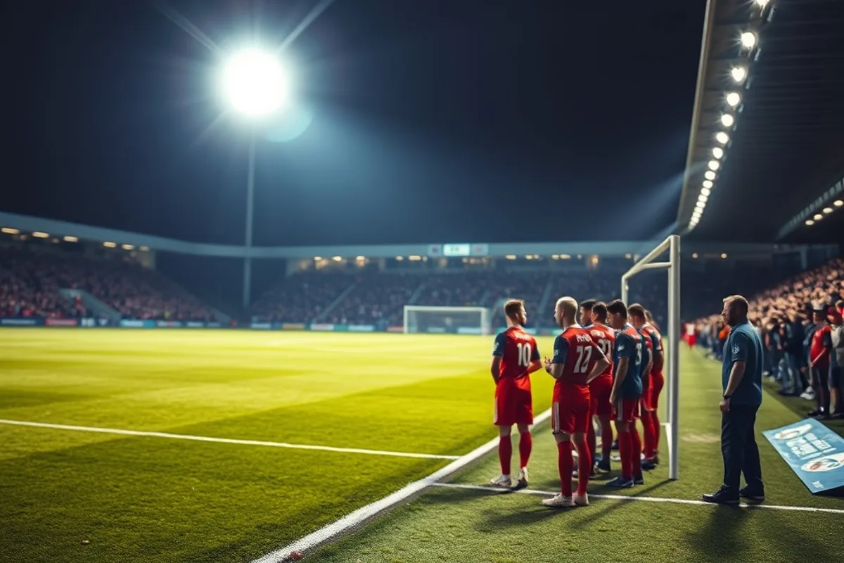 A floodlit football pitch at night with players gathering near the touchline
