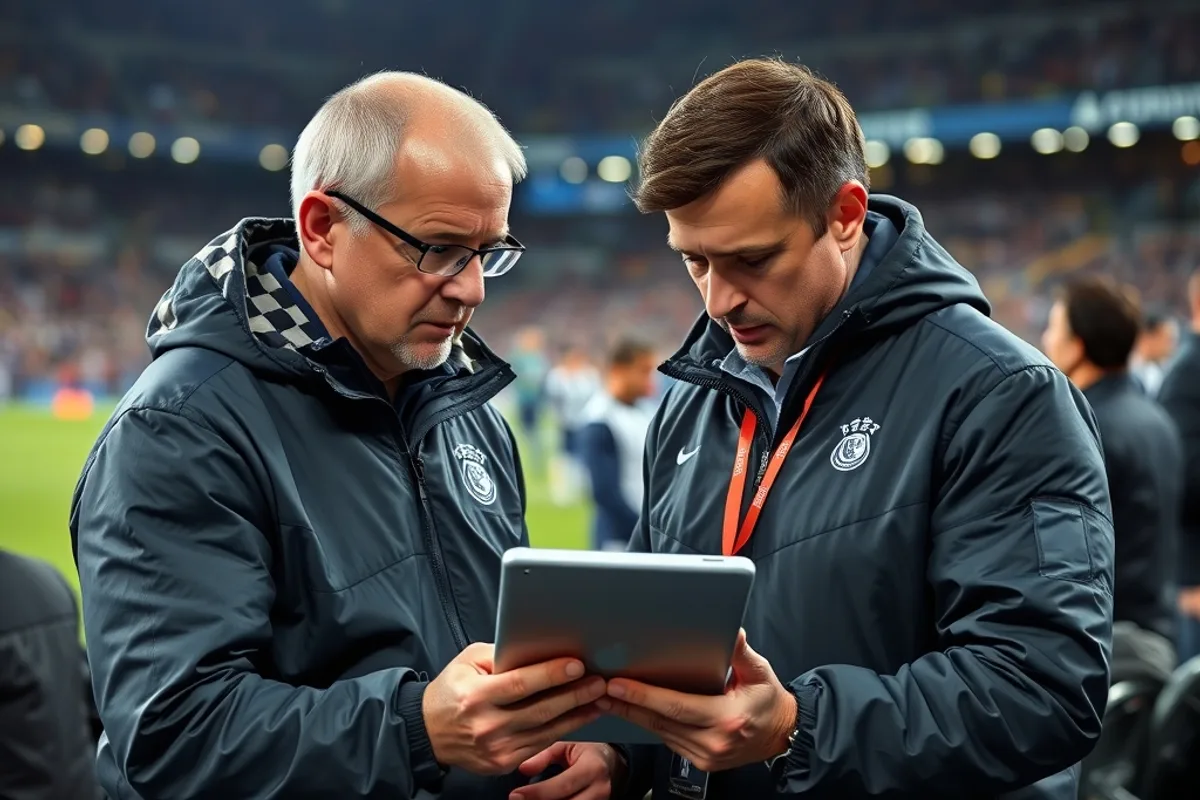 A coach and analyst reviewing a tablet on the bench during a match
