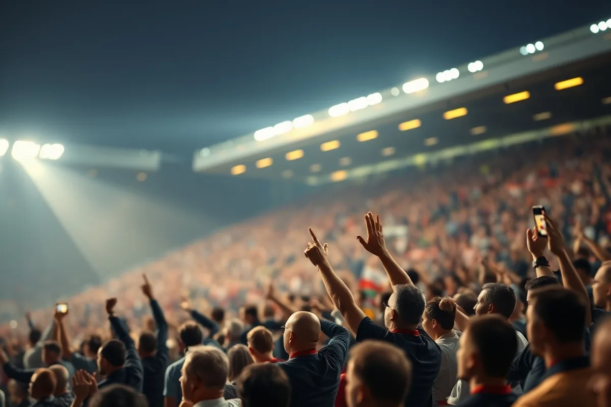 A stadium crowd standing in the last minutes of a match