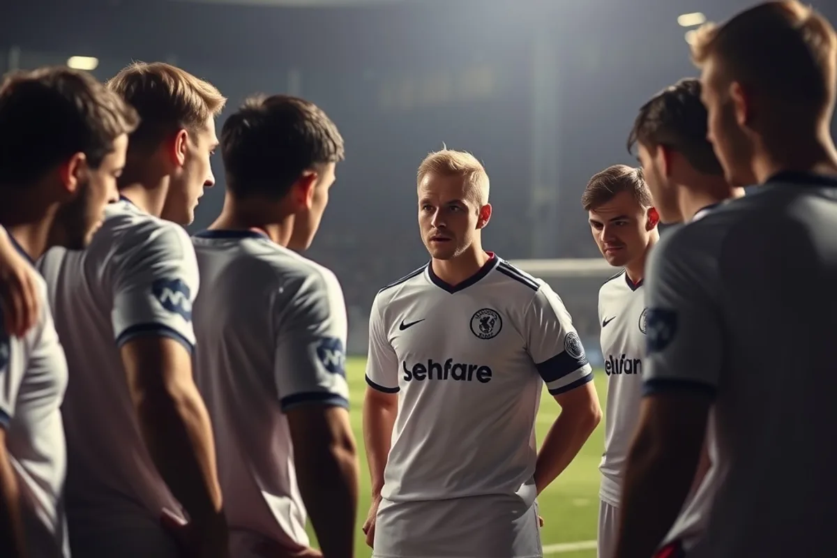 A captain speaking to teammates in a huddle before a late corner