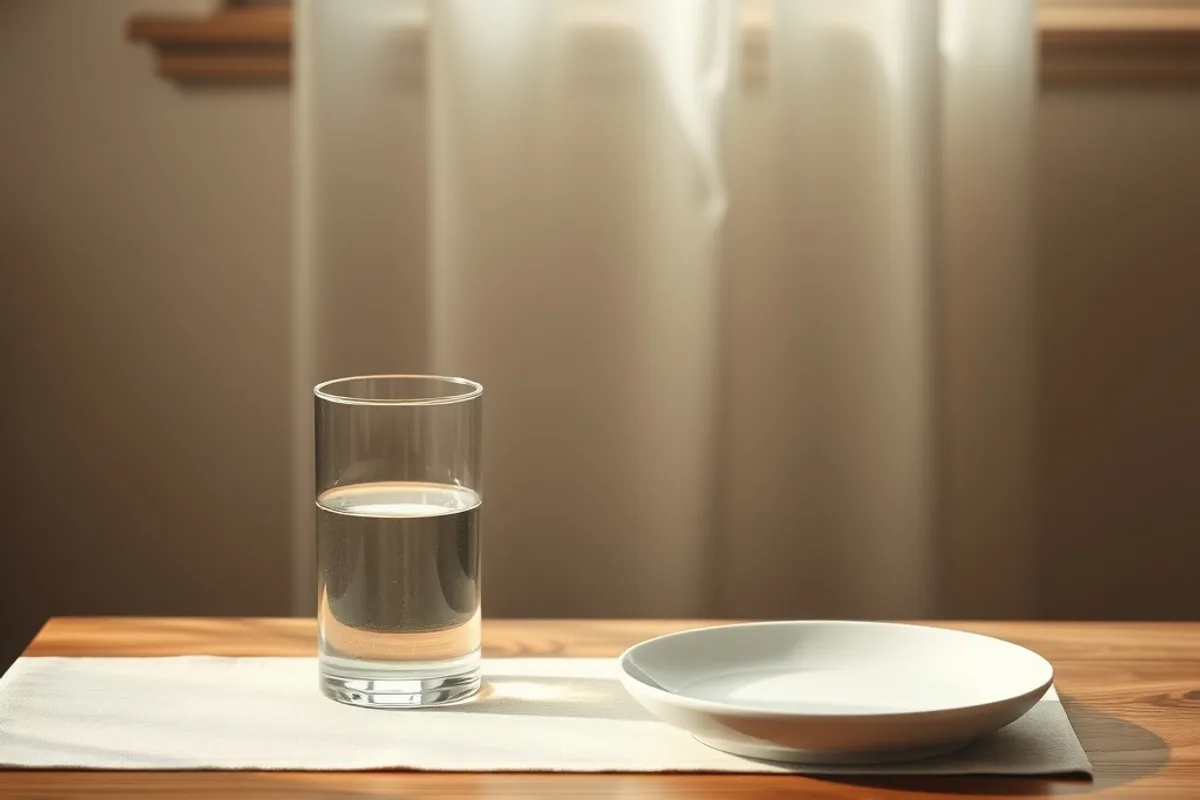 A simple table with a glass of water and an empty plate in morning light