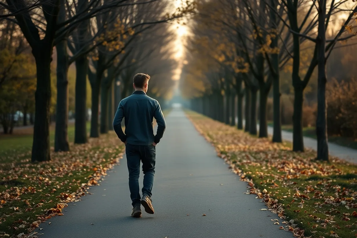 A person walking alone on a tree-lined path without headphones