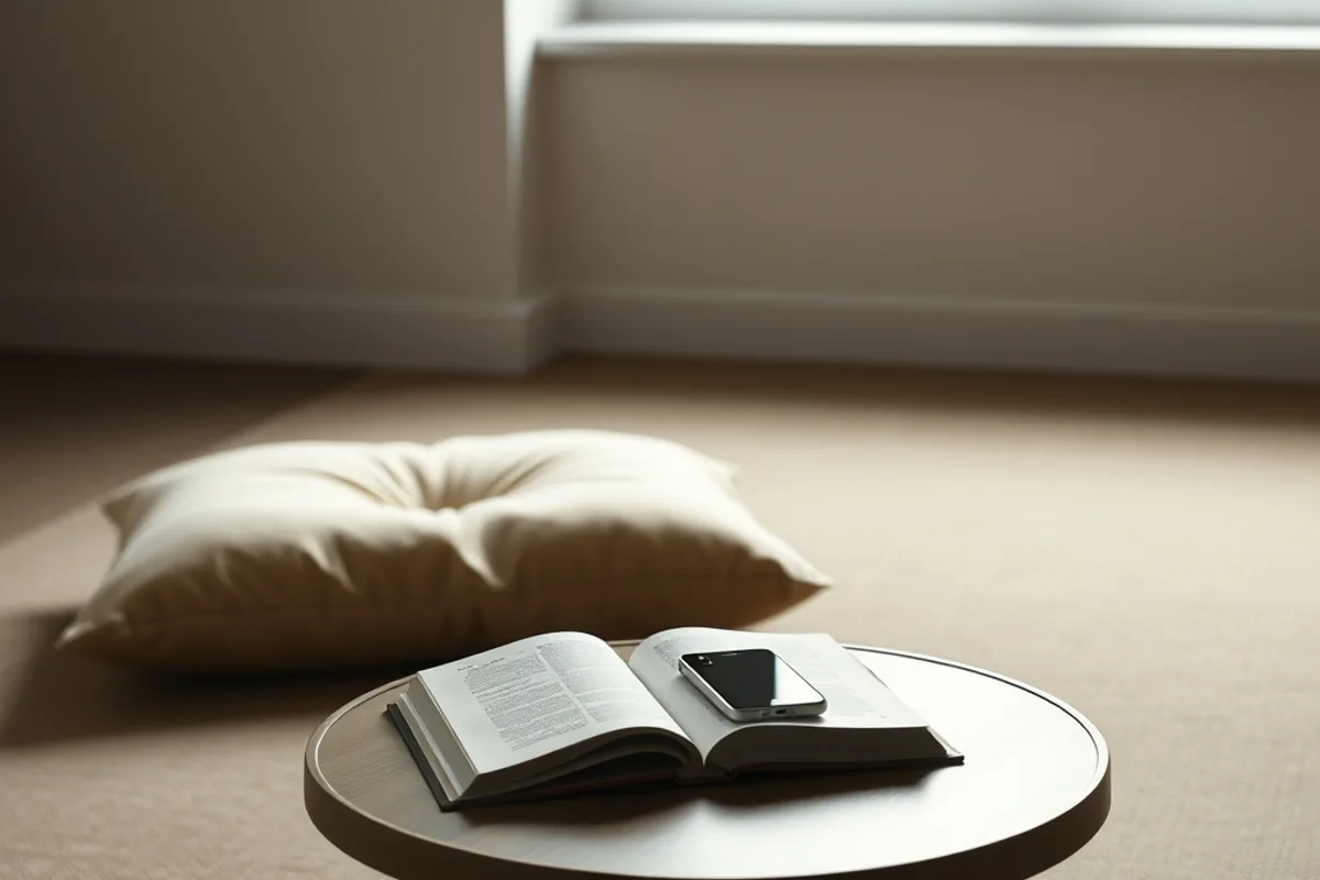 A quiet room with a cushion, a book and a phone placed face down