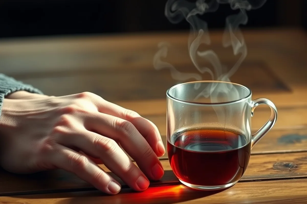 Hands resting on a wooden table beside a cup of tea