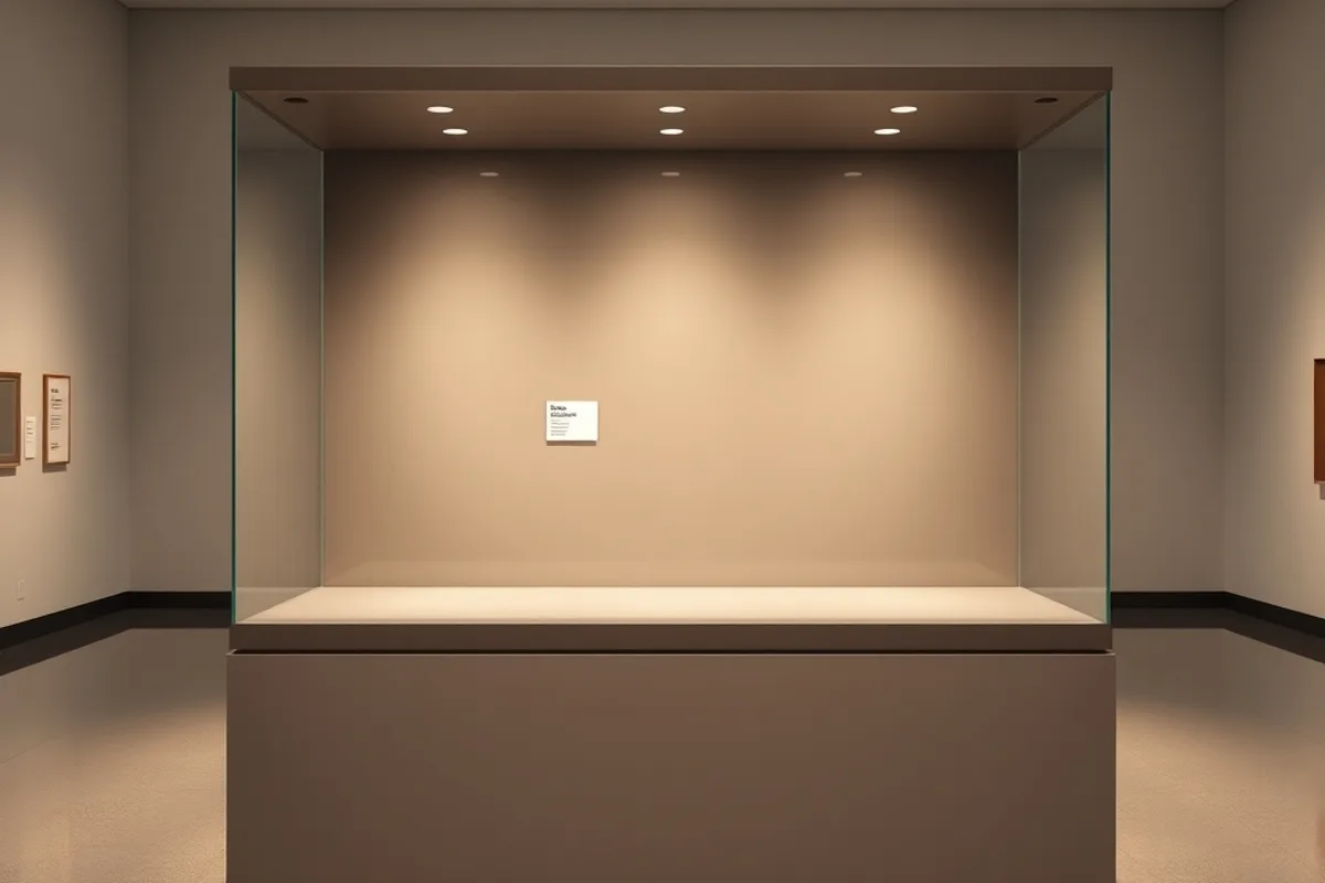 An empty museum display case with a printed label in a quiet gallery