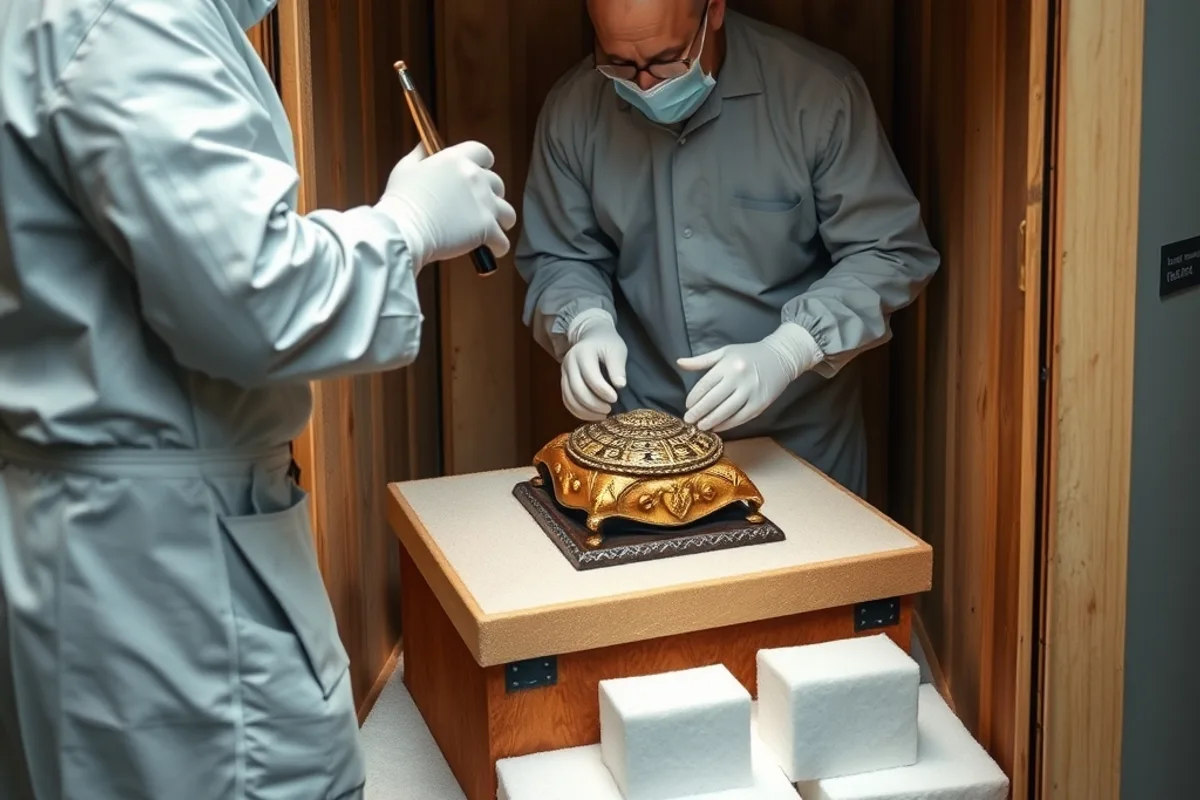 Museum conservators carefully packing a ceremonial object for transport
