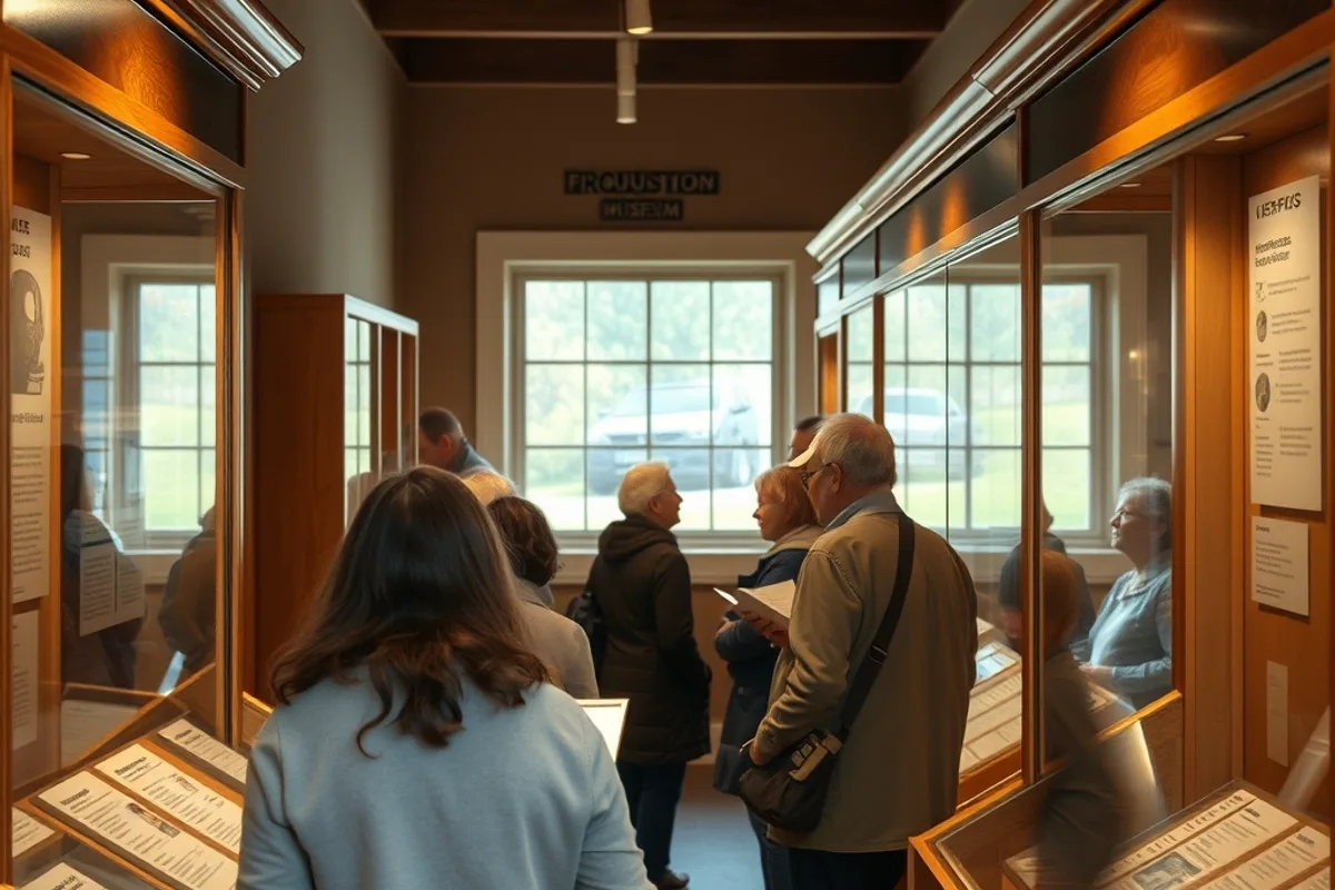Visitors reading labels in a small community museum