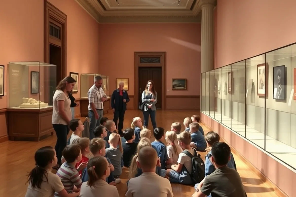 A school group in a museum gallery listening to a guide