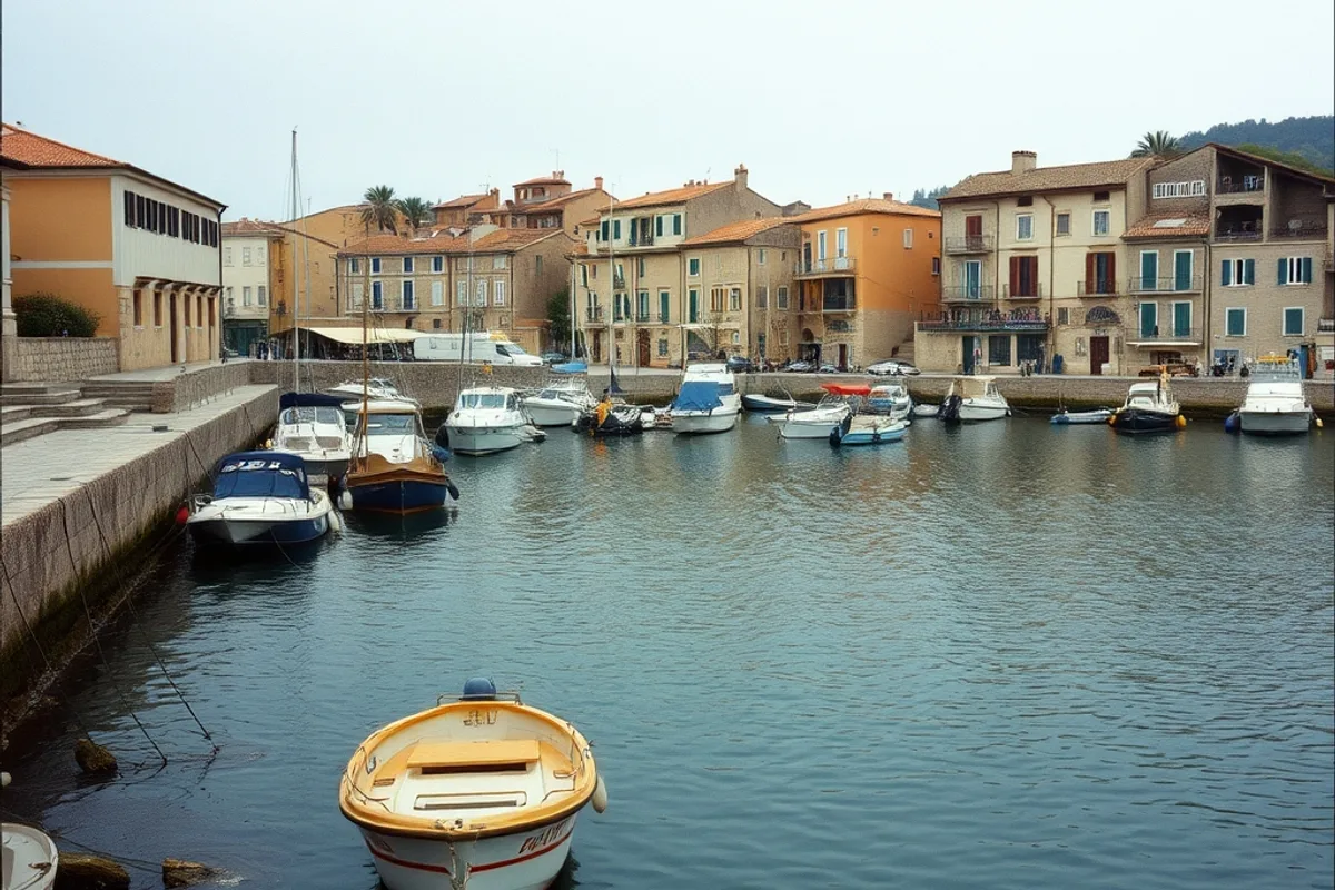 A Mediterranean harbour town in late autumn, fishing boats moored along a stone quay