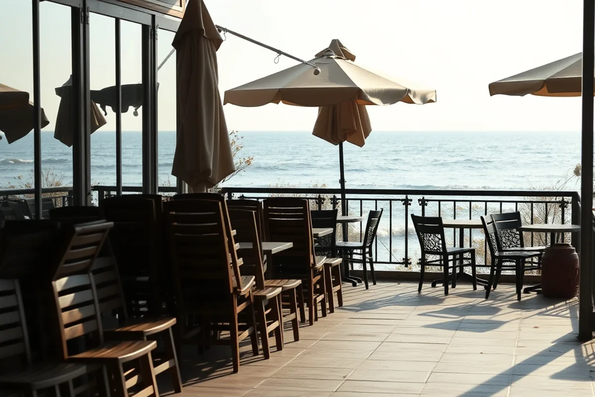 An empty café terrace overlooking the sea in autumn, chairs stacked against the wall