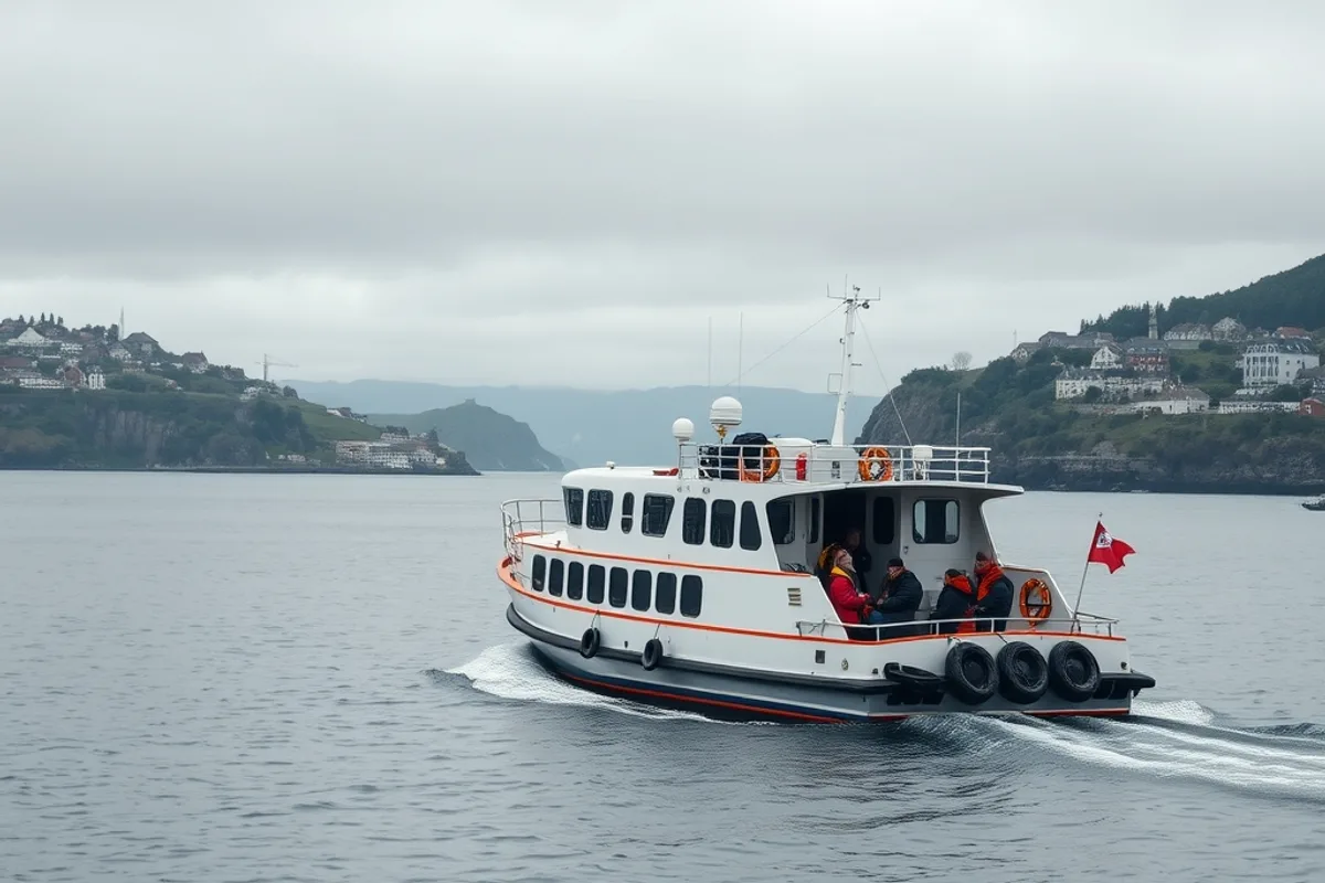 A passenger ferry crossing calm grey water between two coastal towns