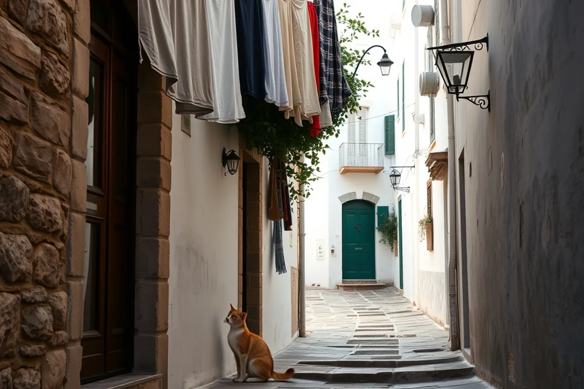 A narrow stone street in a coastal town with laundry hanging above the pavement