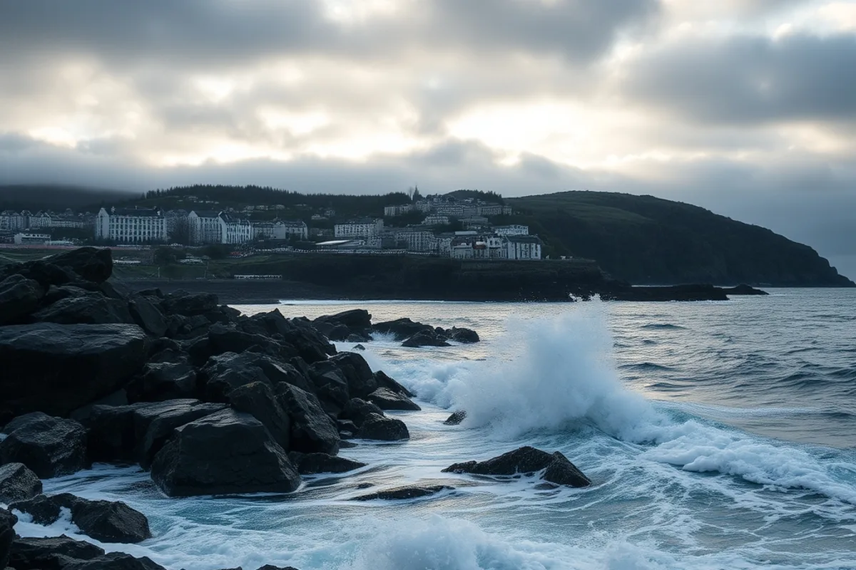 The sea breaking against rocks below a small coastal town under a cloudy sky
