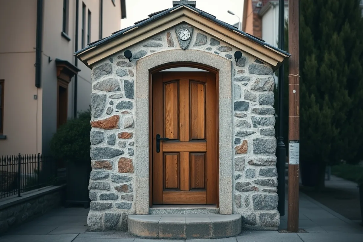 A small stone chapel with an open wooden door on a quiet street