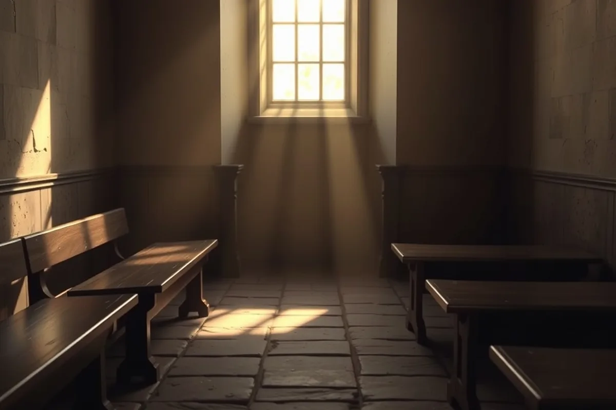 Morning light falling through a plain chapel window onto stone flagstones