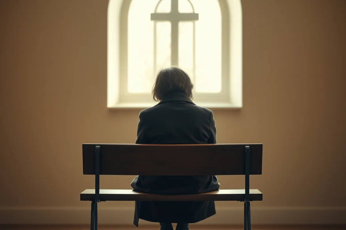 A person sitting alone on a bench at the back of a simple chapel