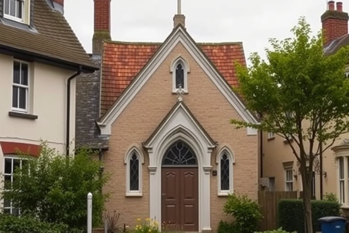 The exterior of a neighbourhood chapel between terraced houses