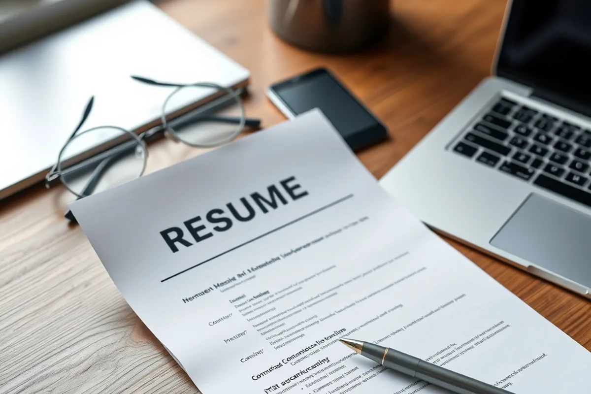 A printed one-page résumé on a desk beside a laptop and reading glasses