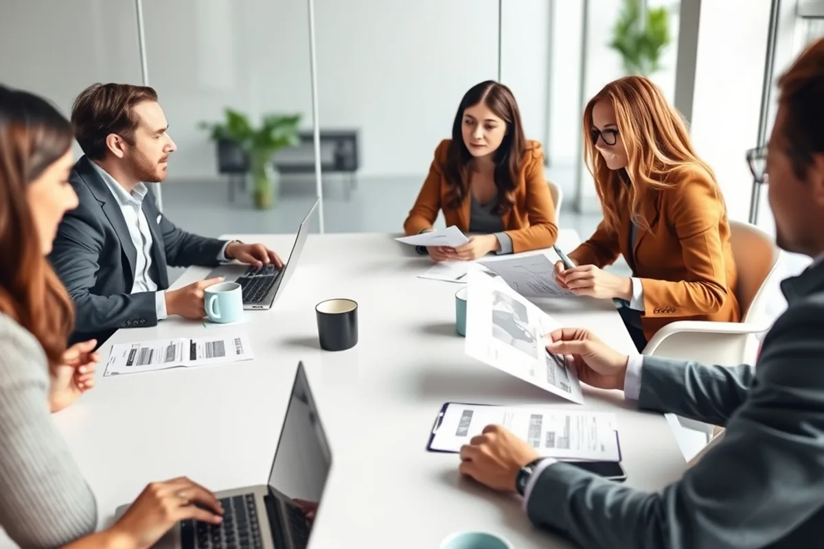 A hiring panel comparing printed profiles around a table