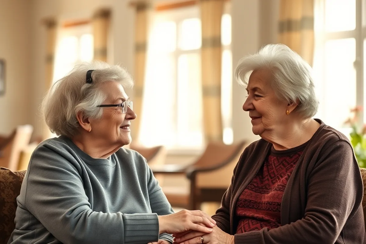 A worker in a care setting speaking with a resident