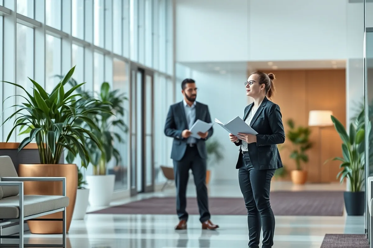 A job applicant waiting in a bright office reception area