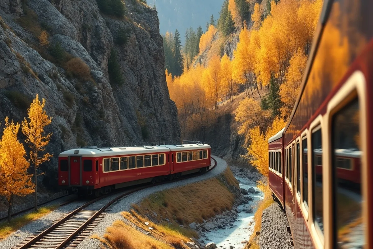 A regional train winding through an Alpine valley in autumn