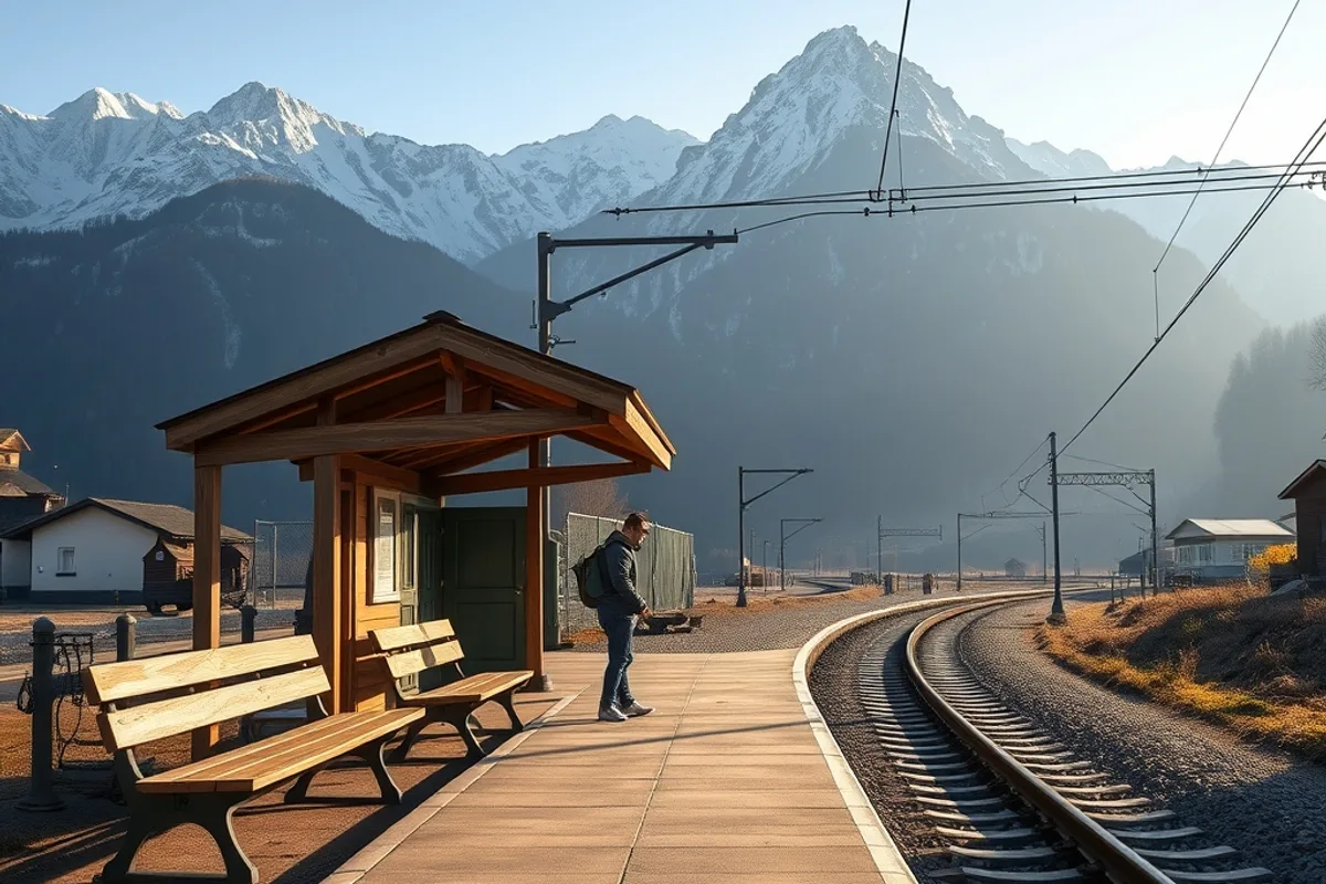 A small Alpine station platform with a wooden shelter and a waiting passenger