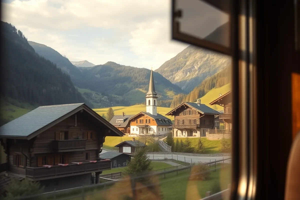 Wooden chalets and a church spire in a mountain village seen from a train window
