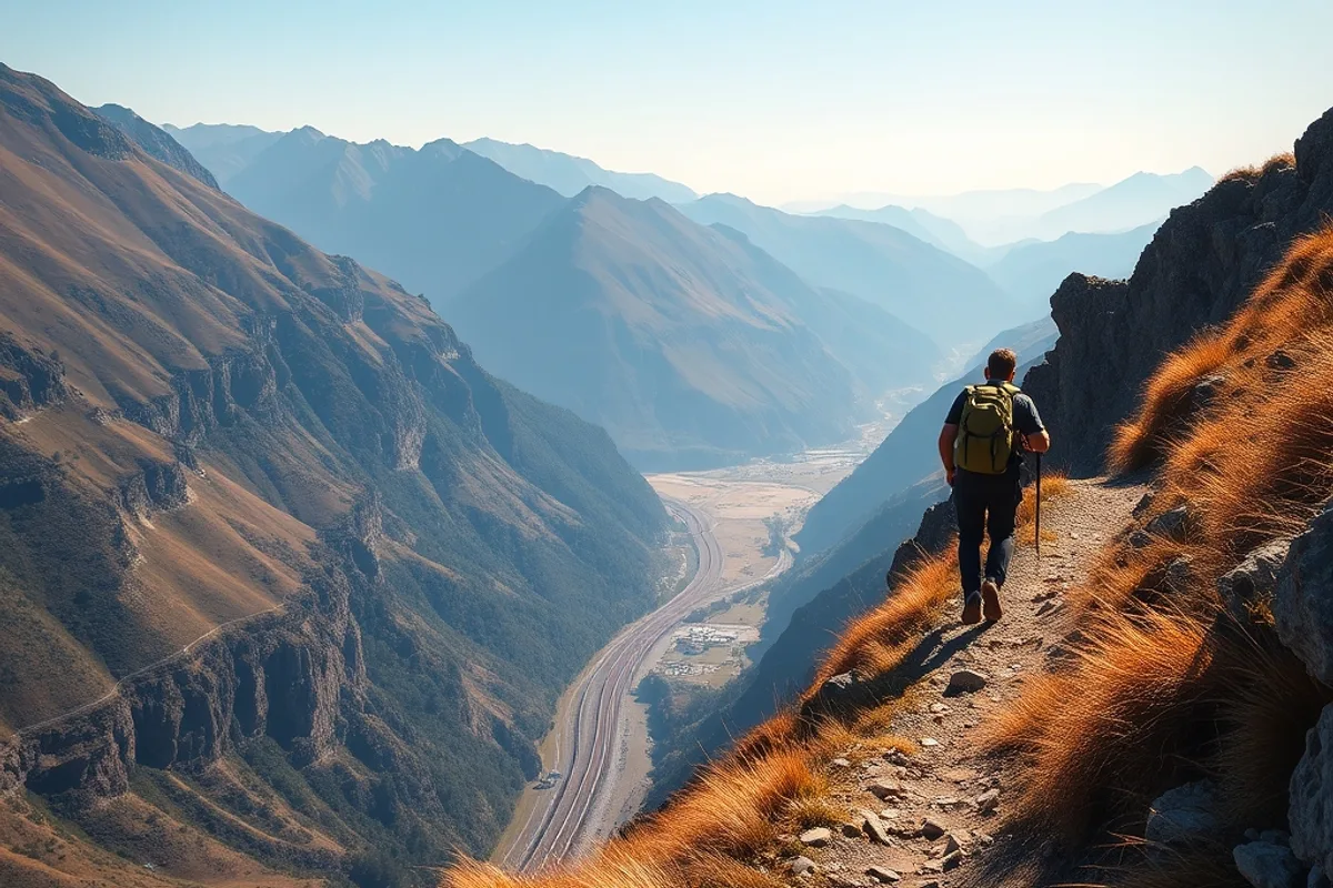 A hiker walking a signed trail above a valley with the railway line visible below