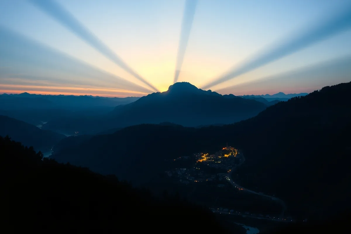 The last light on a mountain ridge above a river valley