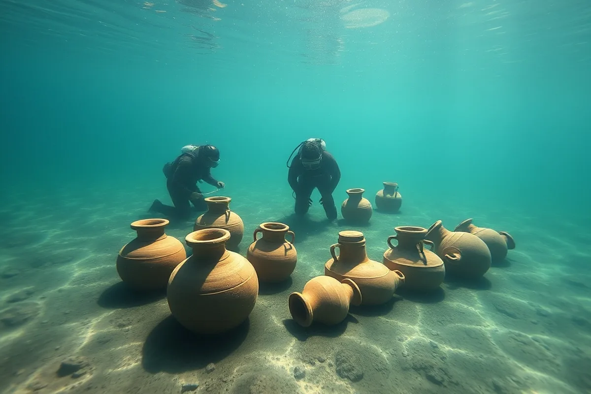 Underwater archaeologists examining ancient amphorae on a shallow harbor floor