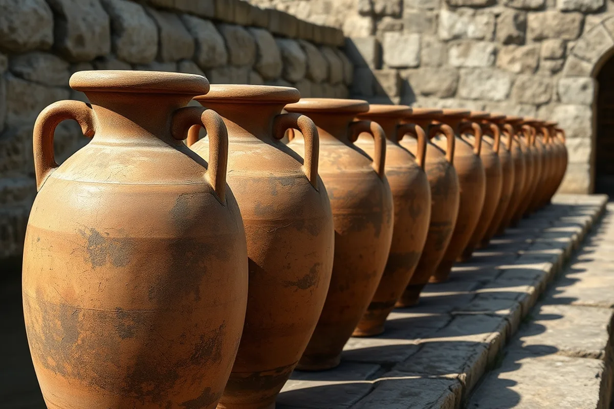 A row of ancient clay amphorae standing on a stone quay
