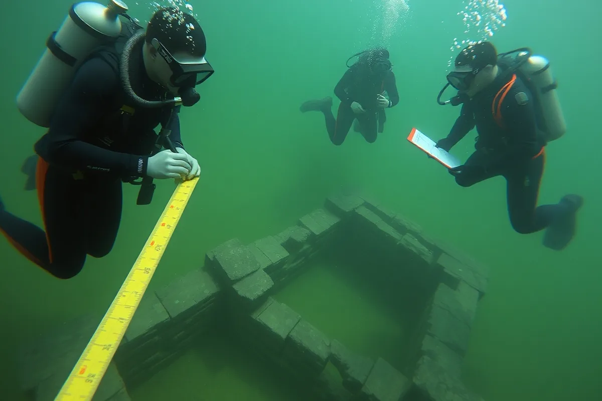Divers mapping submerged stone foundations of an ancient port