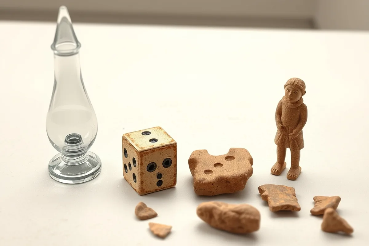 Small finds laid out on a laboratory table: a lamp, dice and a worn figurine