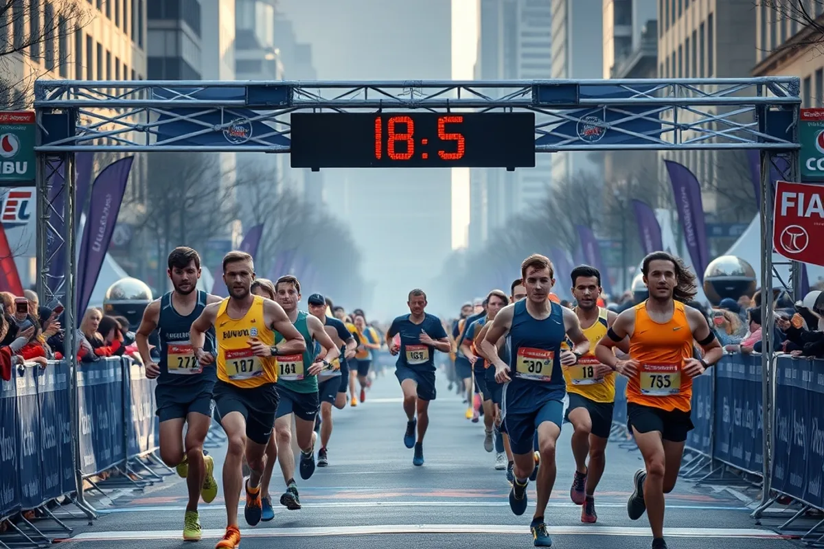 Runners crossing a city marathon finish line in the early morning light