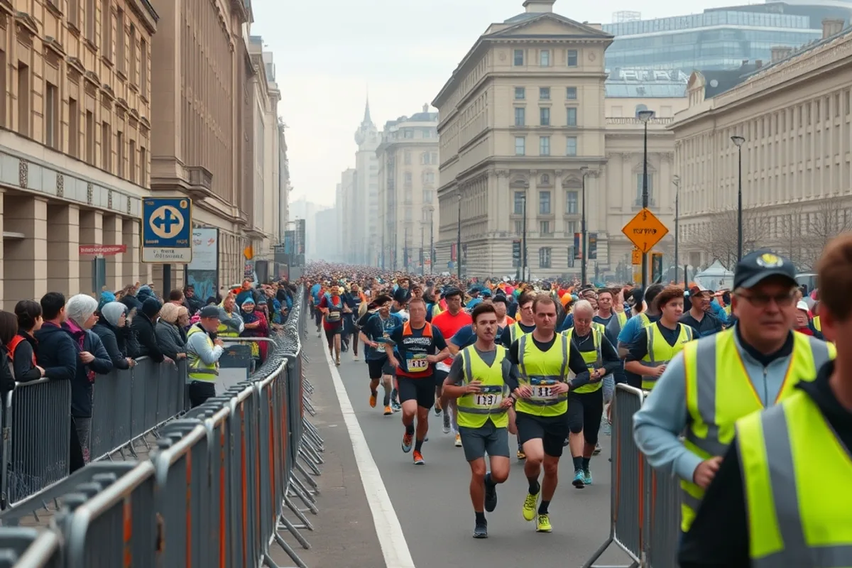 Crowds and barriers along a city street during a marathon