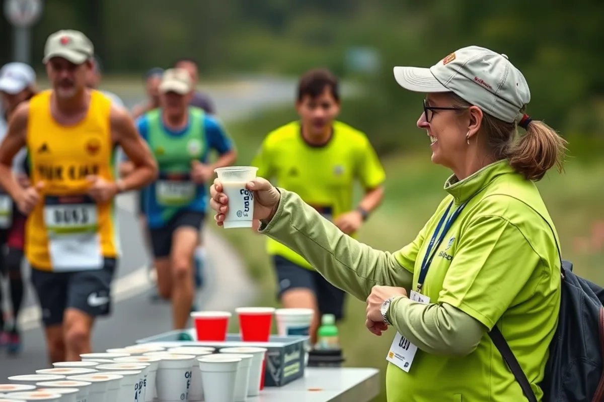 A volunteer handing water to a runner at a roadside station