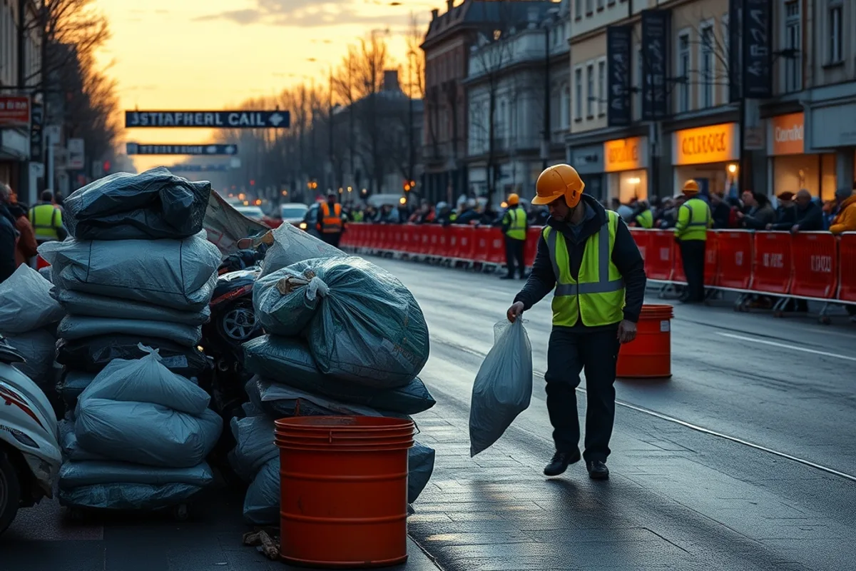 Street cleaners working after a major road race, barriers stacked nearby