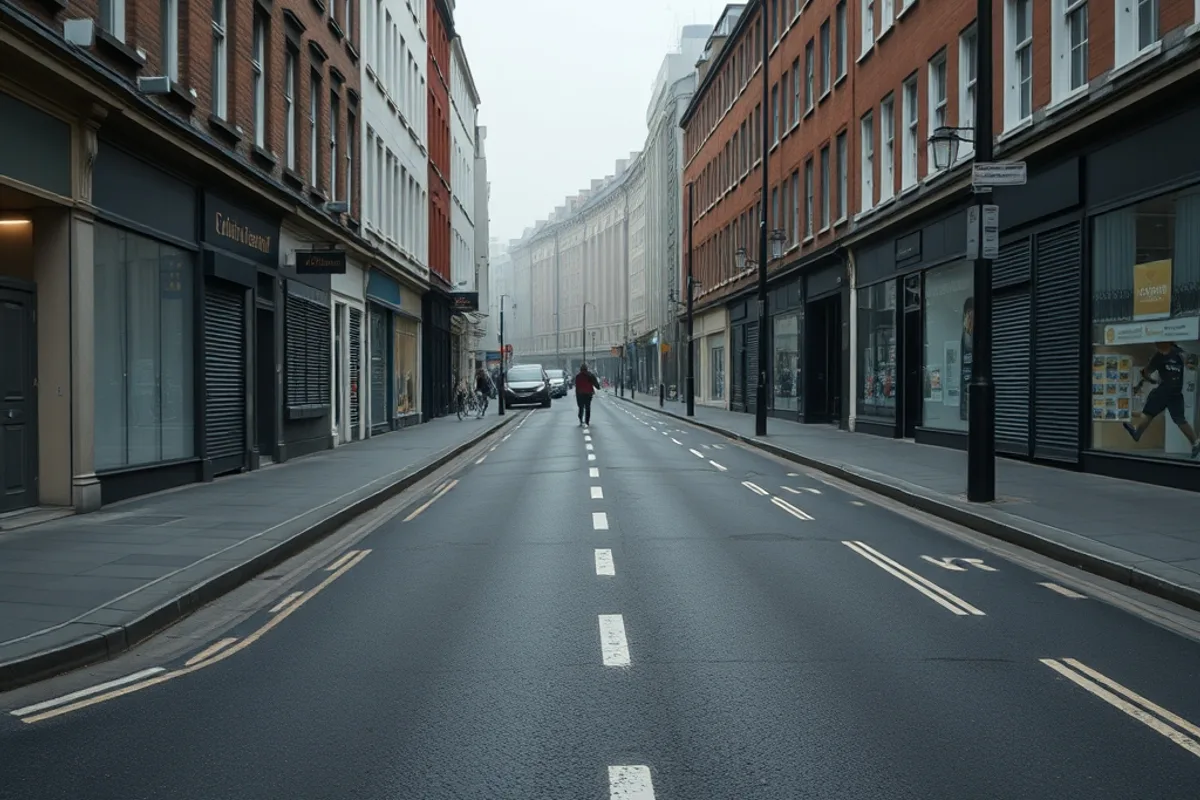 A quiet city centre street the day after a marathon, road markings still visible